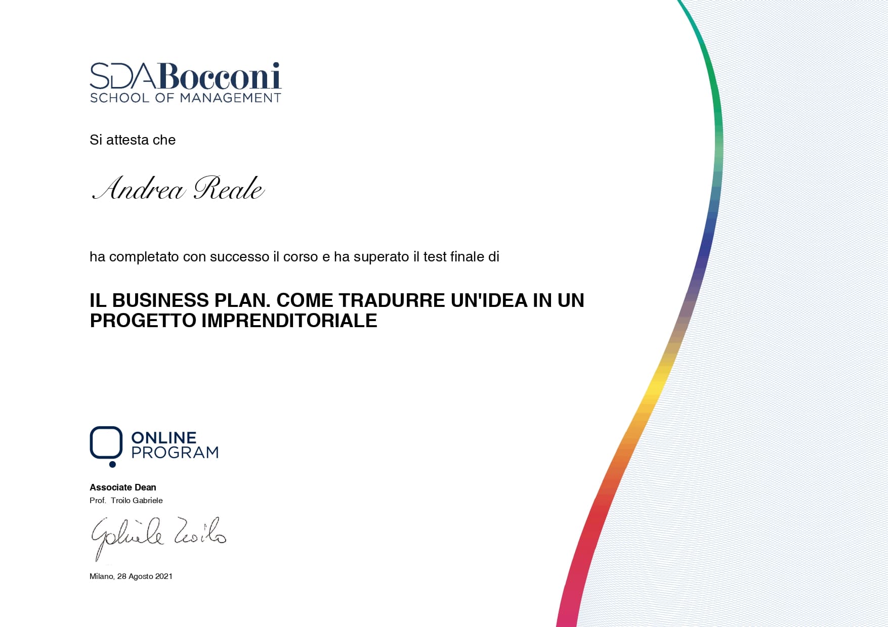 Attestato Andrea Reale SDA Bocconi, il Business plan 28.08.2021